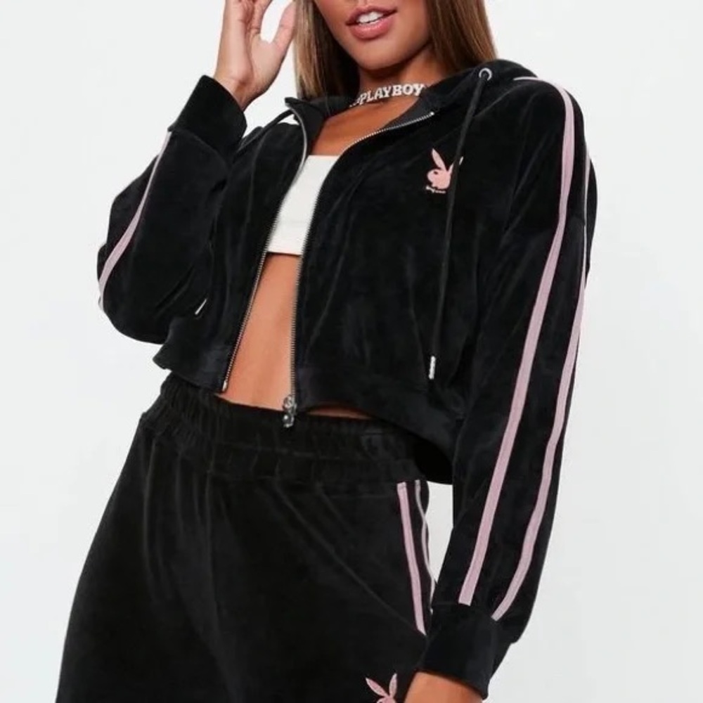 PLAYBOY Black Hoodie with Pink Stripes - Picture 1 of 8